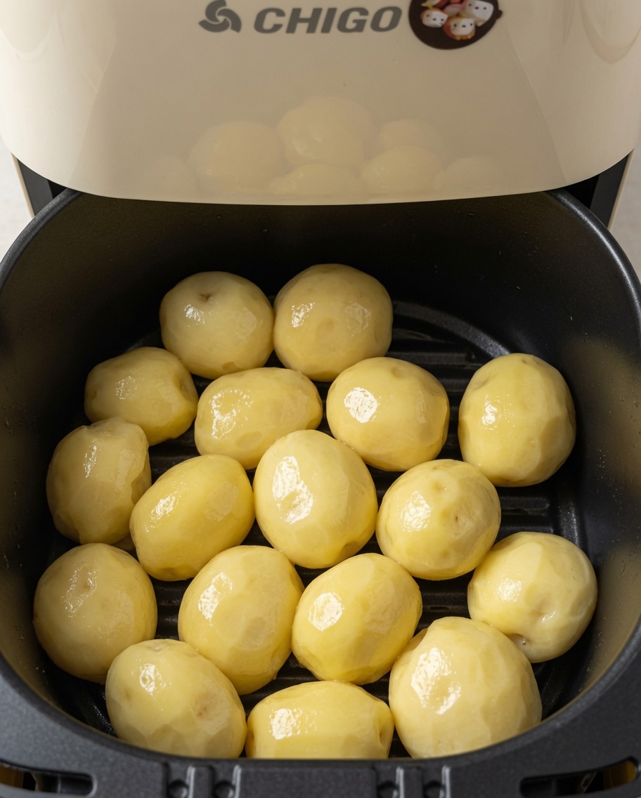 Huile de cuisson vaporisée uniformément sur les pommes de terre dans le panier de lAir Fryer.