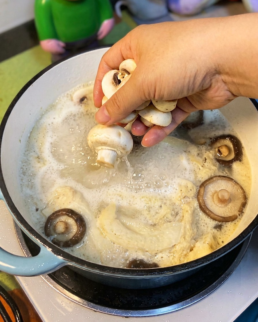 Champignons émincés ajoutés à la soupe.
