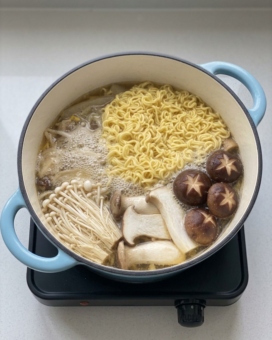 Une cuillerée de sel ajoutée dans la marmite avec les nouilles, le poulet et les champignons.