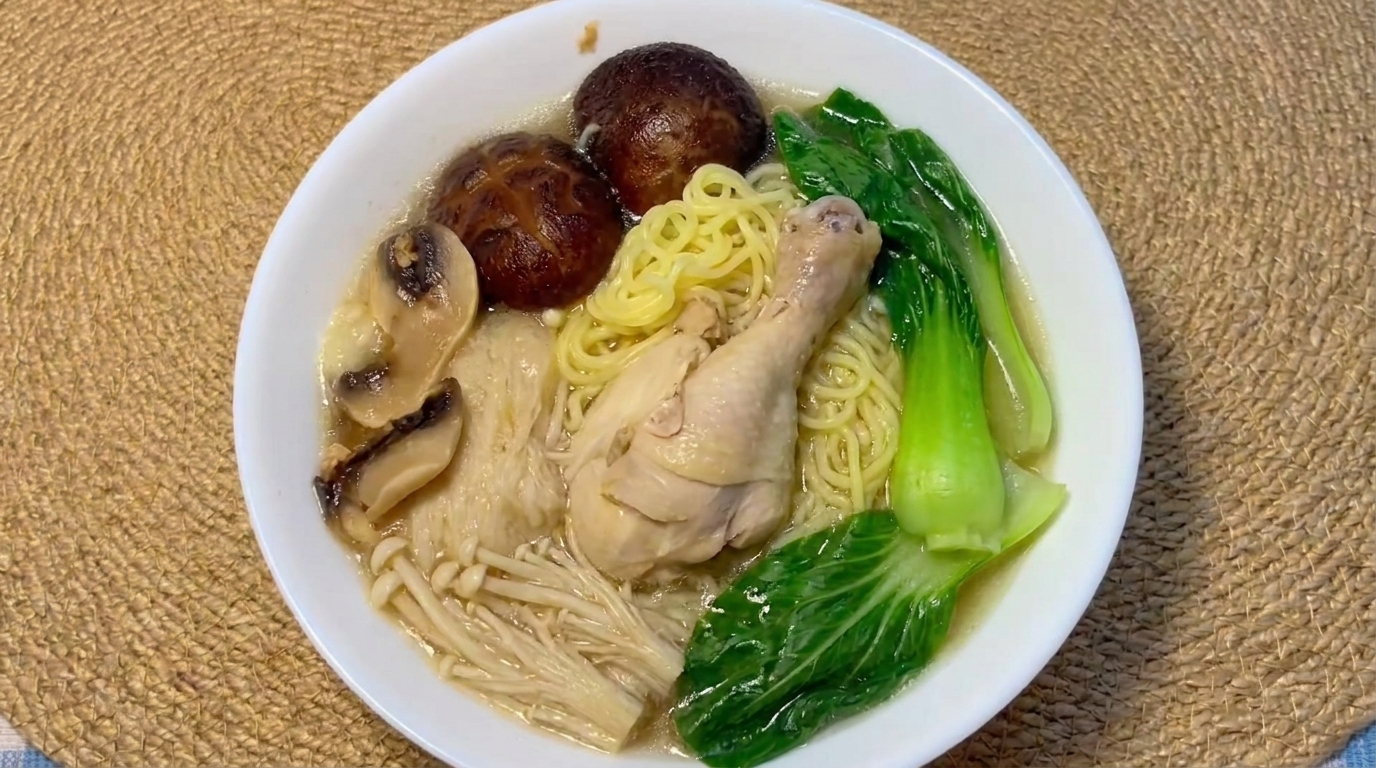 Soupe de nouilles au poulet et aux champignons