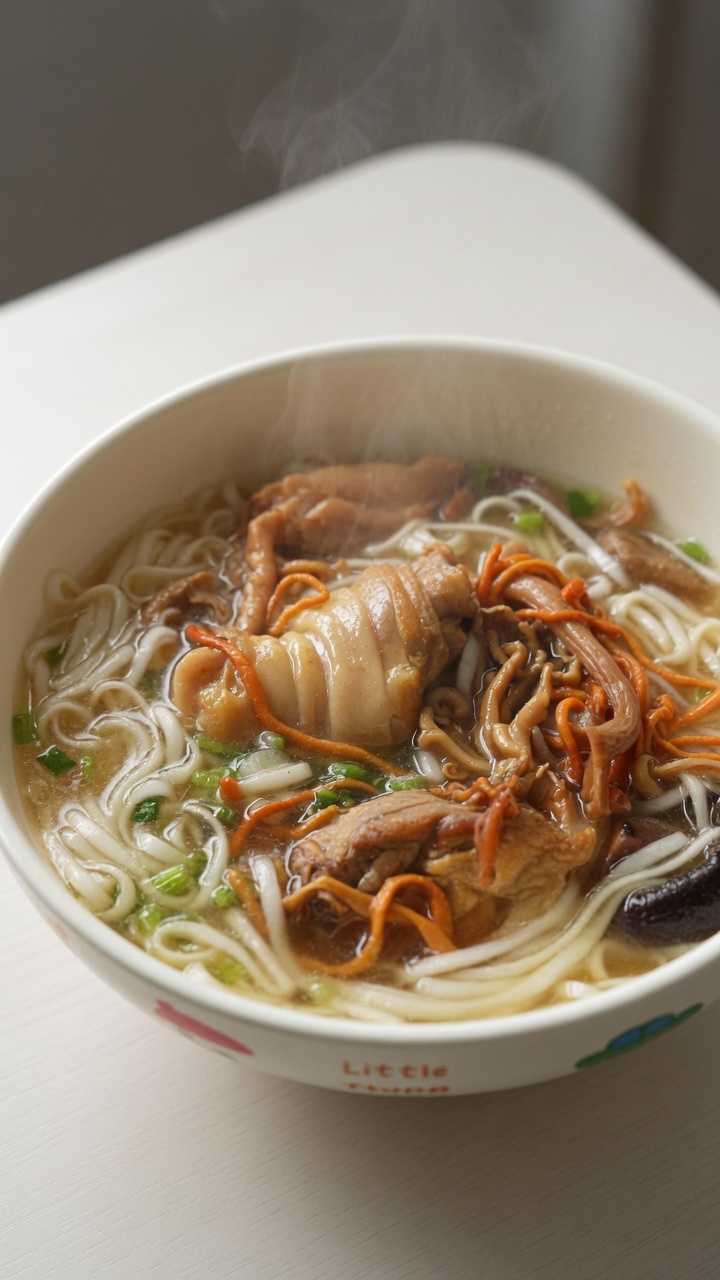 Soupe de nouilles parfumée au poulet et champignons séchés