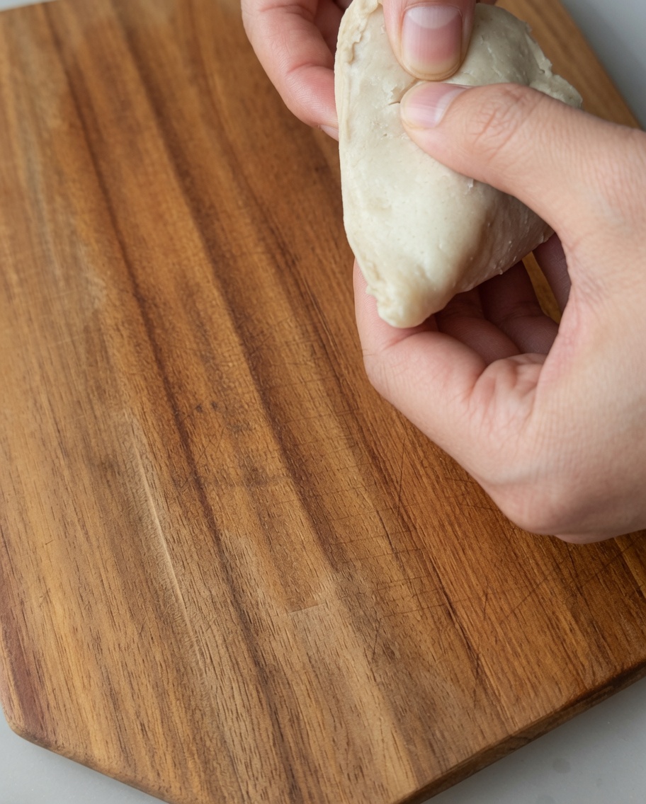 Gros plan sur des mains effilochant du poulet cuit sur une planche à découper en bois.