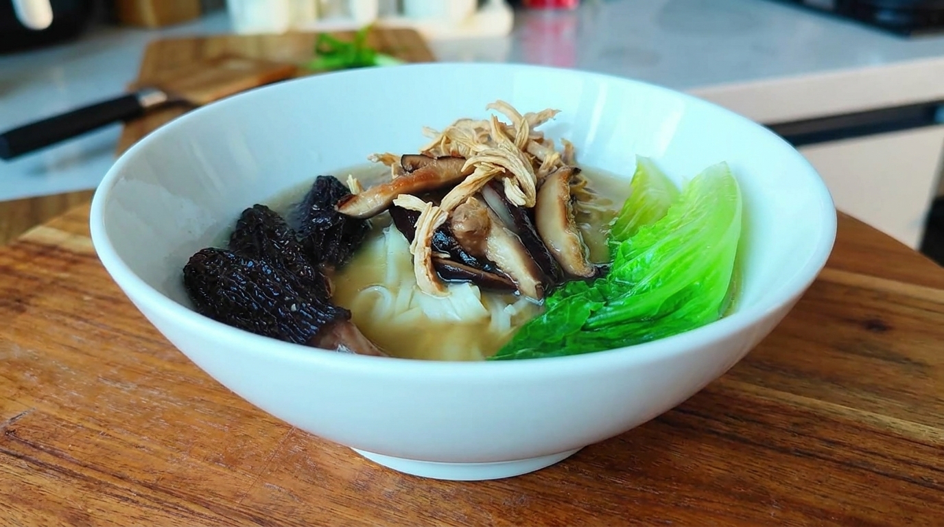 Soupe de Nouilles au Poulet Effiloché et aux Champignons