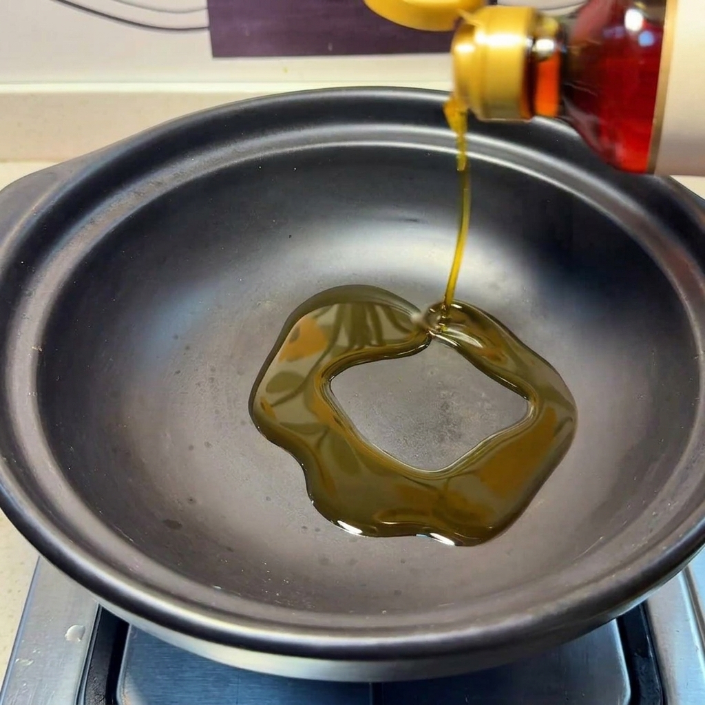 Tranches de gingembre frisant dans de lhuile de sésame aromatique à lintérieur dun pot en argile.