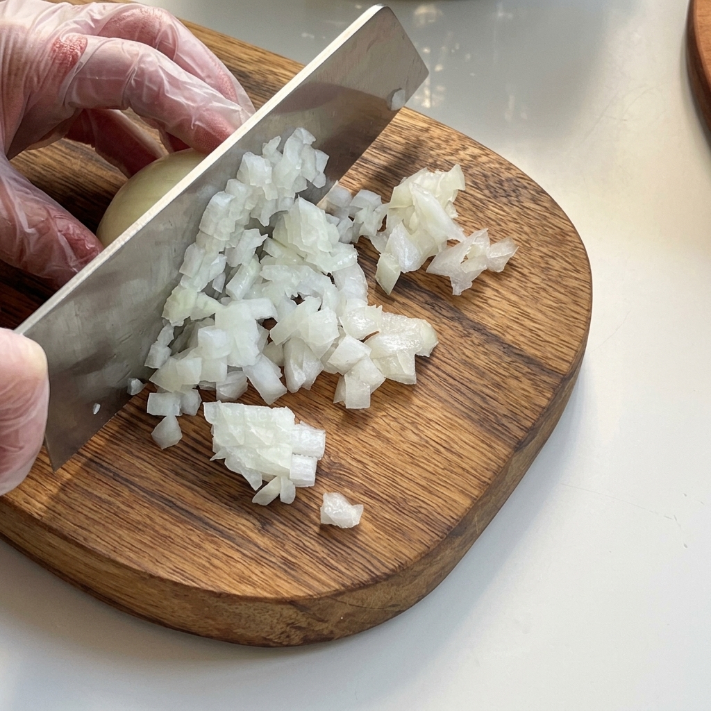 Petits cubes doignon, de pomme de terre et de céleri soigneusement disposés sur une planche à découper en bois.