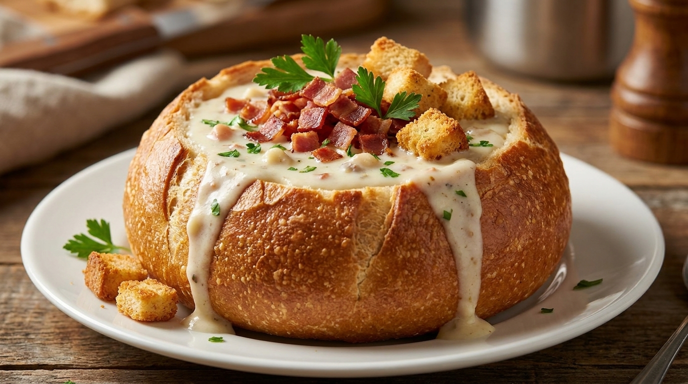 Clam Chowder Classique et Crémeux dans un Bol en Pain