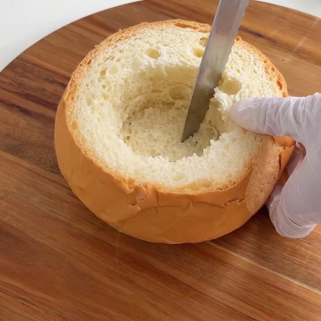 Une miche de pain ronde évidée pour former un bol de service.