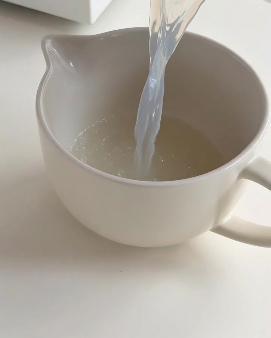 Bouillon de palourdes clair versé dans une carafe en céramique blanche.