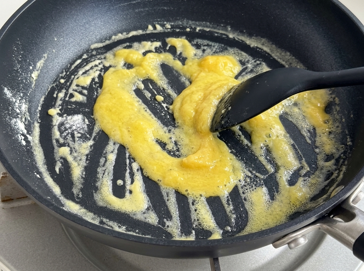 Crème liquide et lait versés dans la poêle sur le roux cuit.