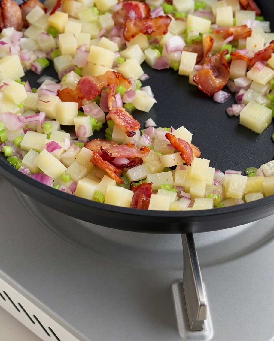 Bouillon de palourdes versé dans la poêle contenant les légumes et les lardons.