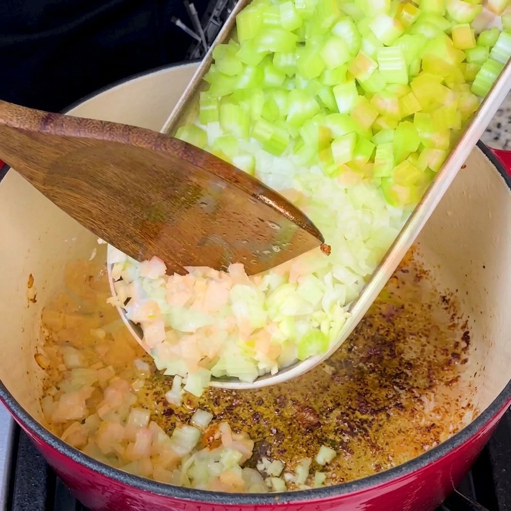 Le mélange de légumes en dés faisant sauter dans une cocotte rouge recouverte de gras de bacon rendu.