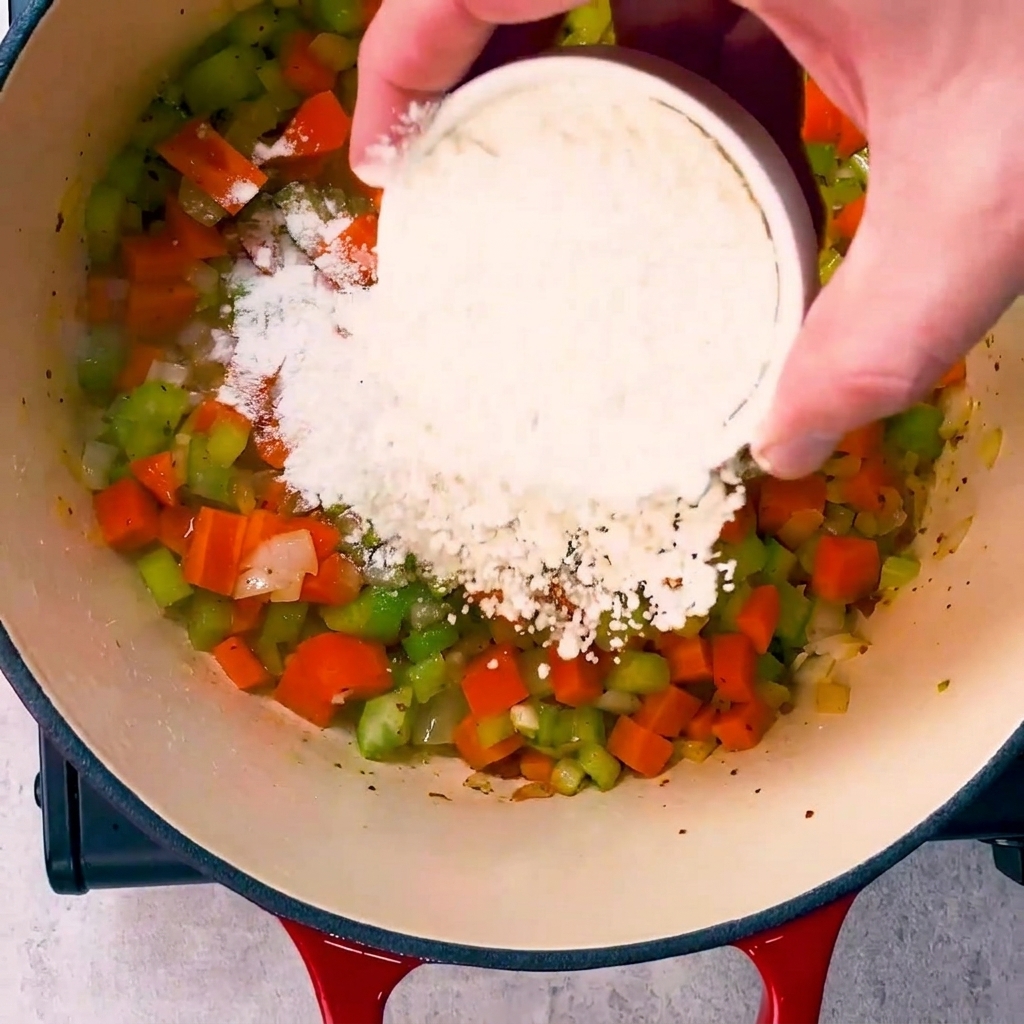 Farine ajoutée et mélangée au mélange coloré de légumes sautés dans la cocotte.