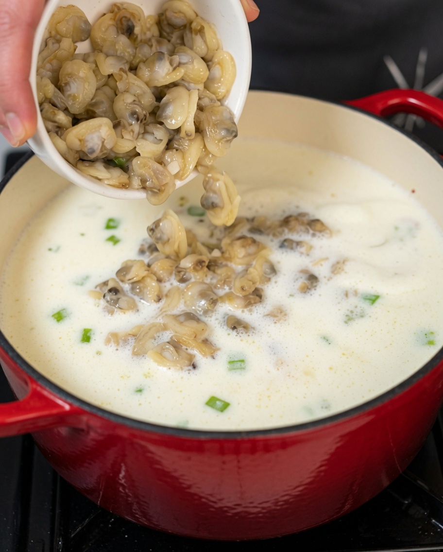 Pommes de terre et palourdes ajoutées au mélange de chaudrée crémeuse mijotant dans la cocotte.