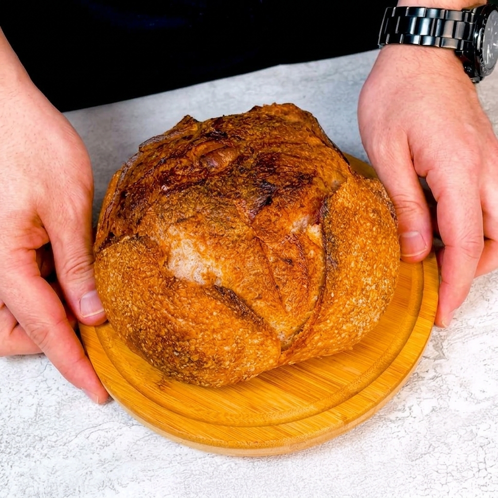 Un couteau découpant une ouverture circulaire dans le haut dune miche de pain au levain ronde et croûtée.