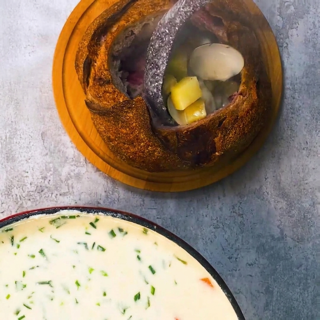 Chaudrée de palourdes crémeuse versée à la louche dans une miche de pain au levain évidée sur une planche en bois.