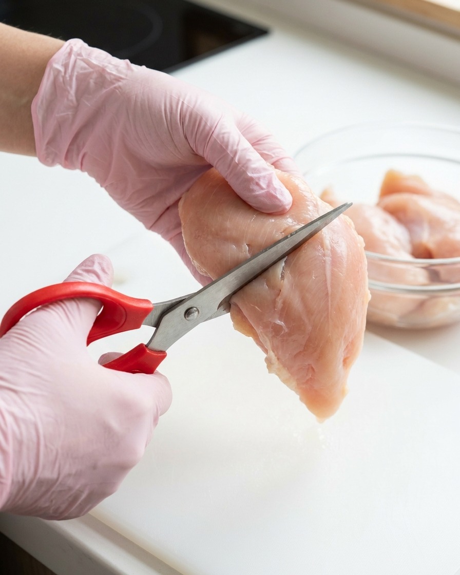 Blanc de poulet coupé en fines lanières sur une planche à découper.