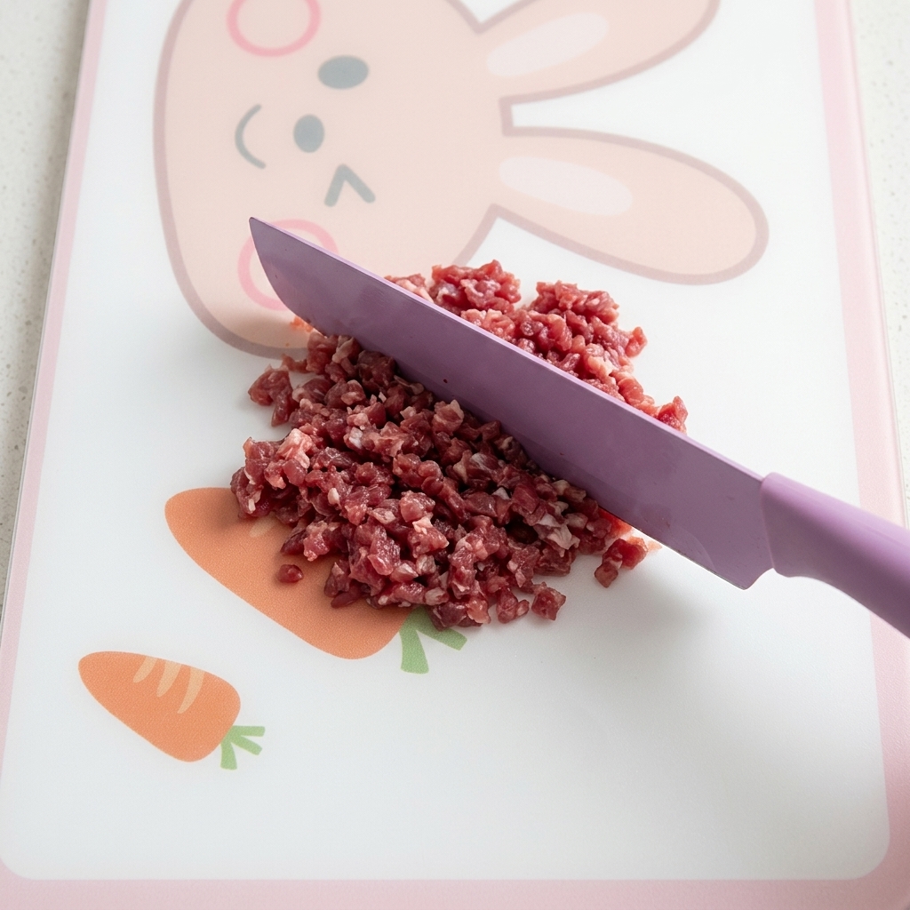 Gros plan sur du bœuf frais finement haché en petits morceaux avec un couteau sur une planche à découper.