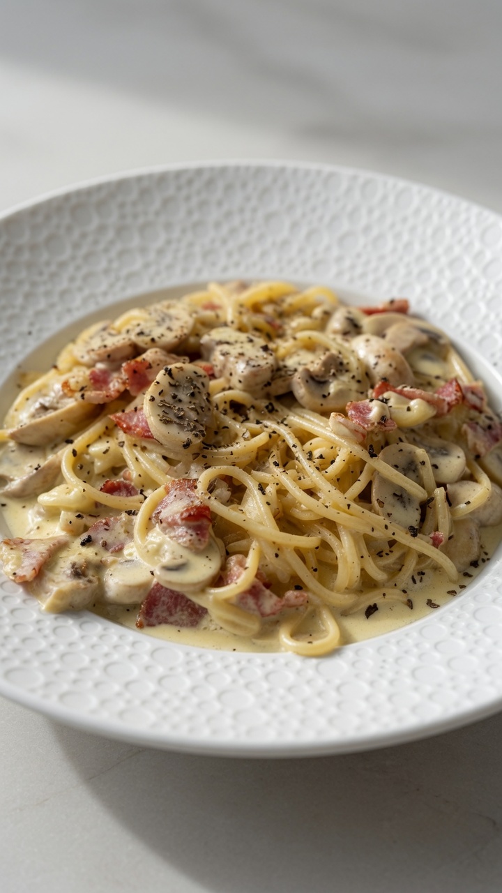 Pâtes Crémeuses aux Champignons et au Bacon