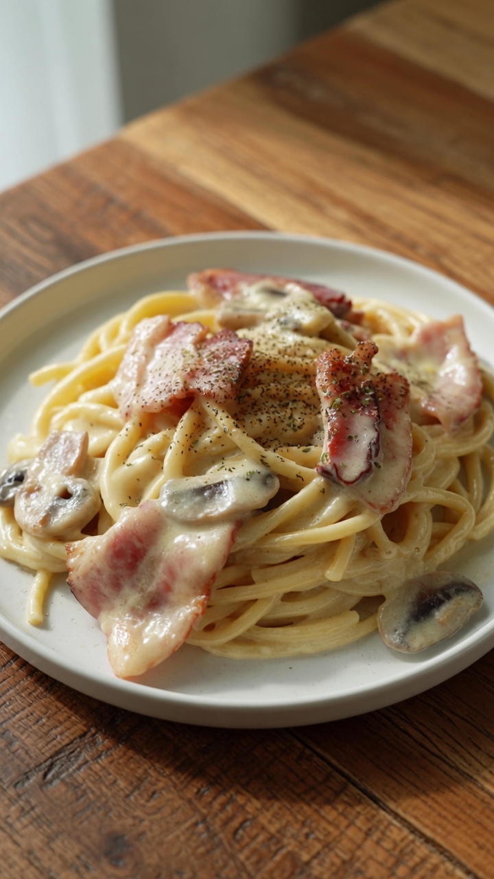 Pâtes crémeuses au bacon et aux champignons