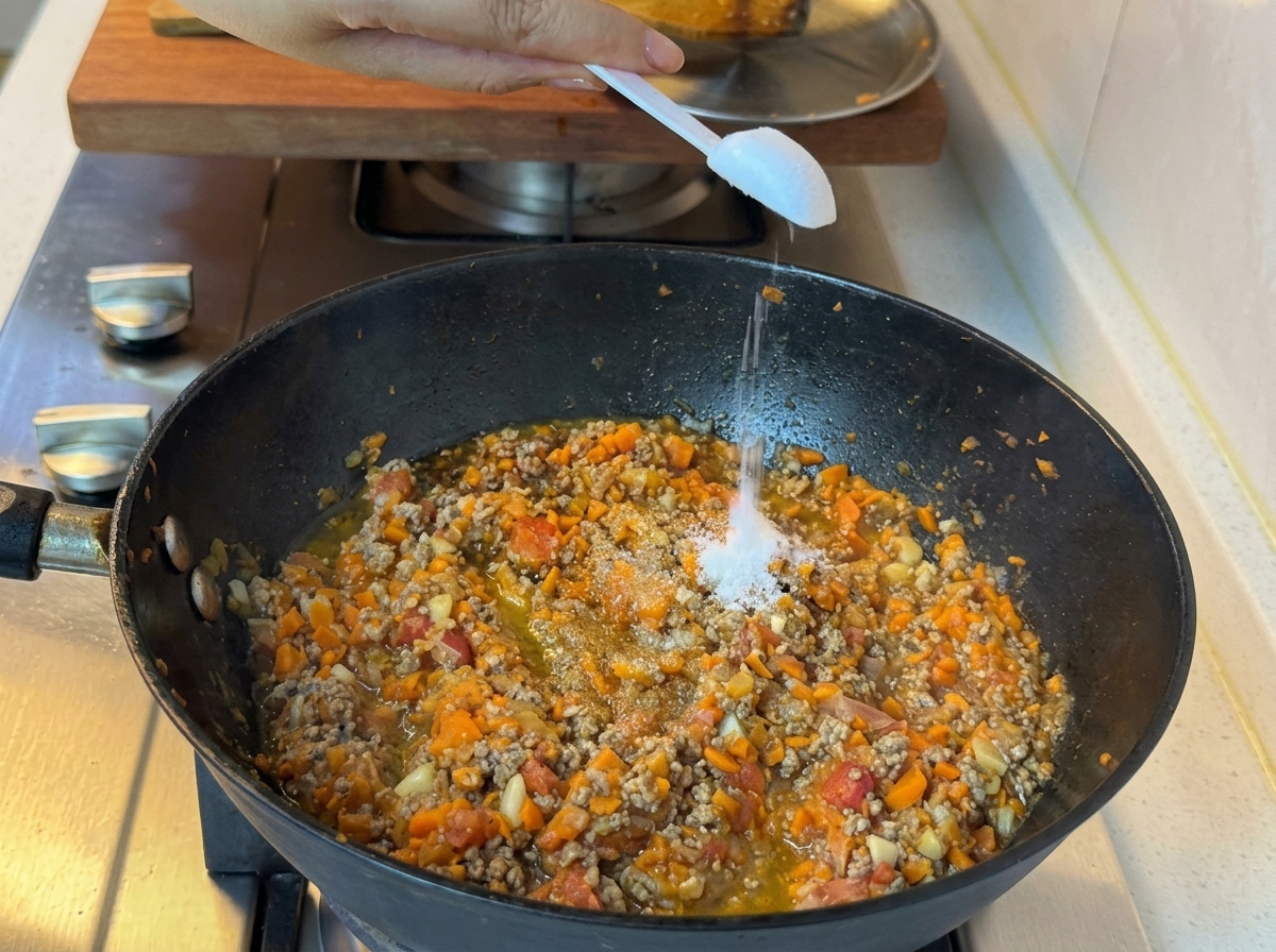 Ajout dassaisonnements dans la poêle avec le mélange de bœuf et de légumes.