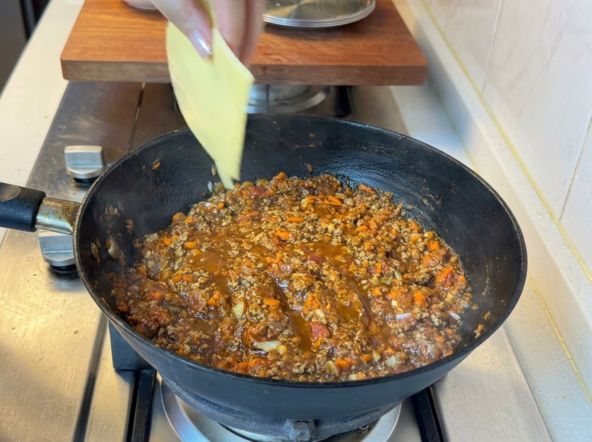 Tranches de fromage en train de fondre dans la sauce au bœuf et aux tomates dans la poêle.