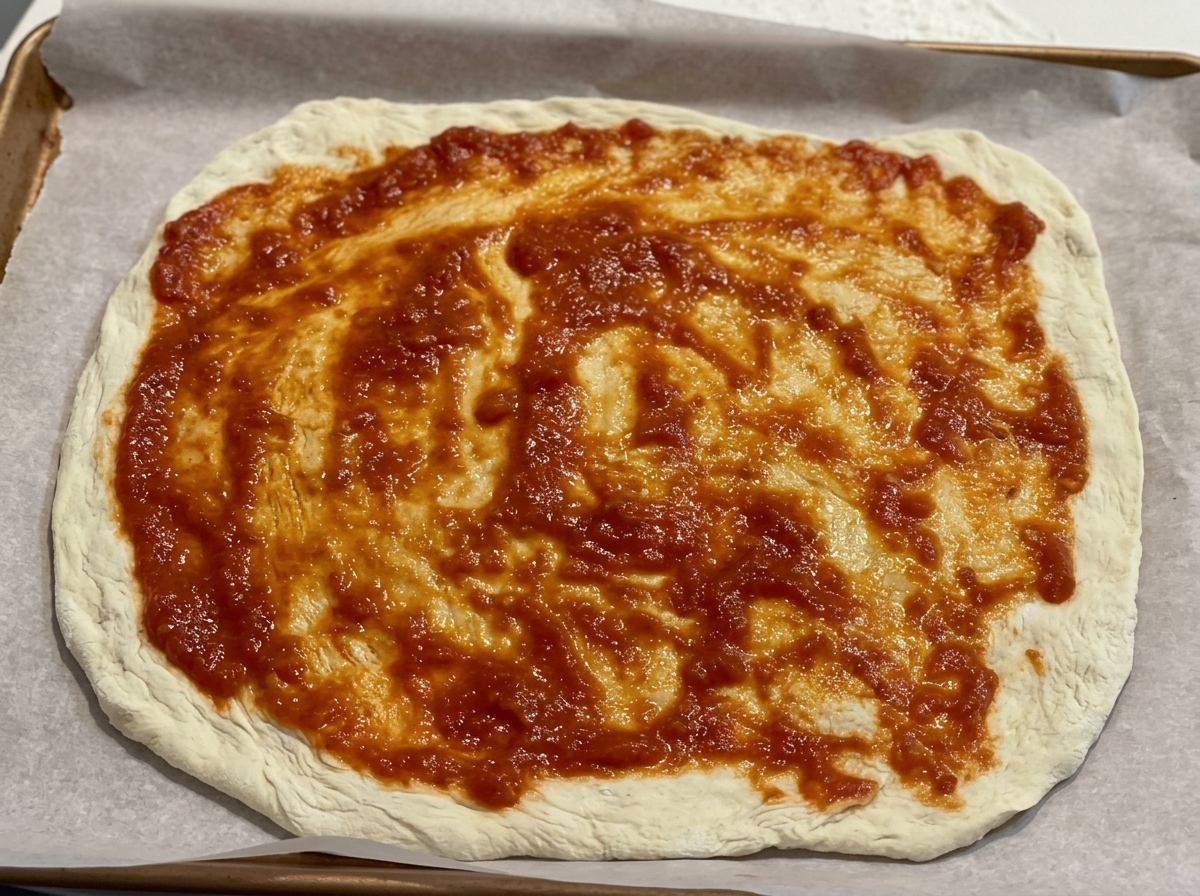 Sauce tomate étalée uniformément sur la base de la pâte à pizza avec une cuillère.