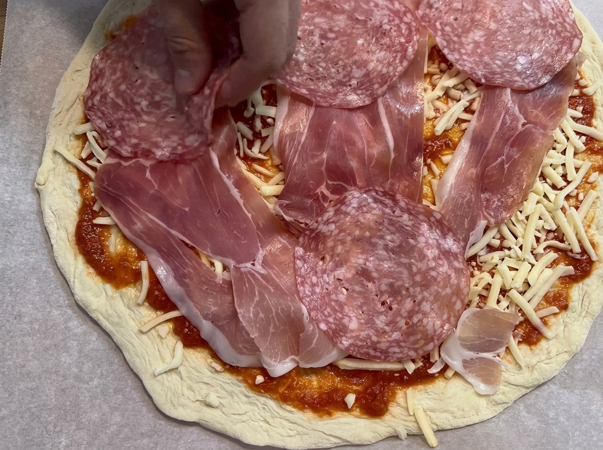 Tranches de salami et de prosciutto disposées sur la pizza recouverte de fromage.