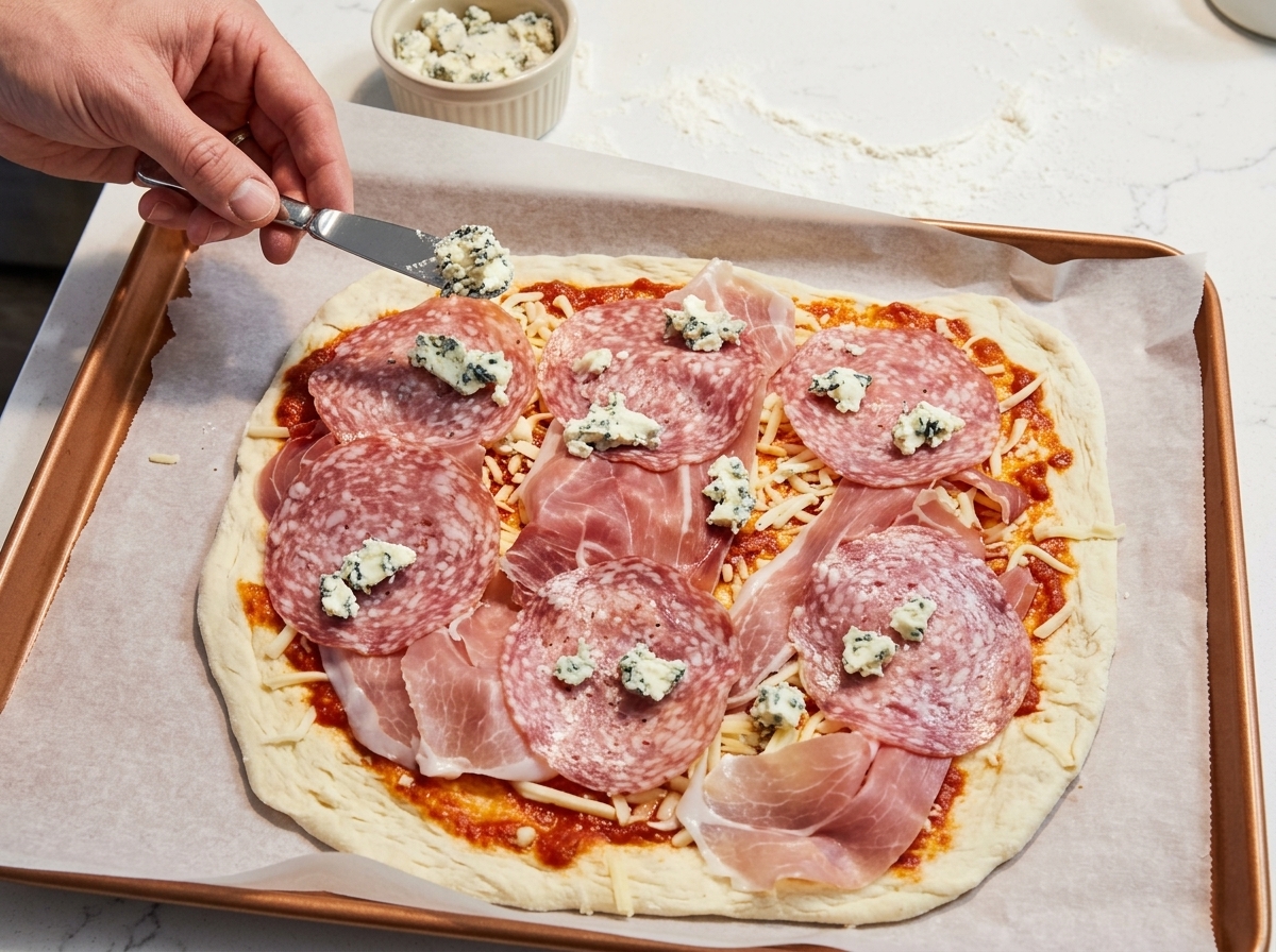 Petits morceaux uniformes de fromage de chèvre crémeux placés sur la pizza à laide dun couteau.