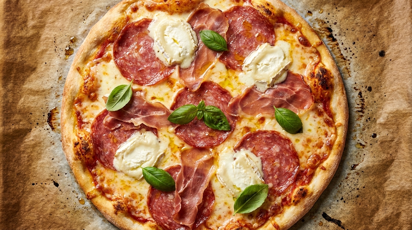 Pizza artisanale au chèvre et charcuterie