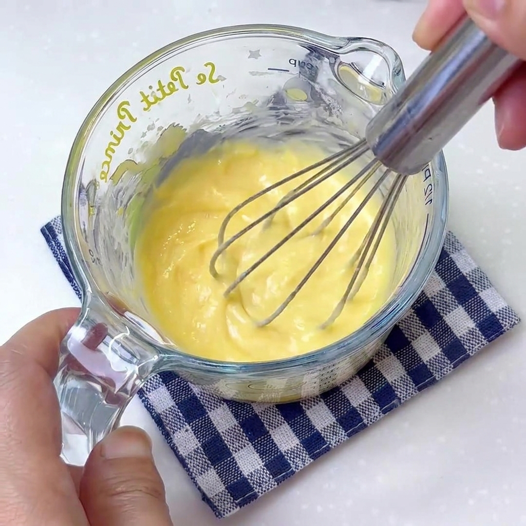 Lait et fromage fondu fouettés dans un verre doseur pour créer une base crémeuse.