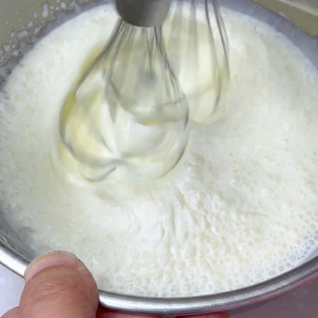 Un bol de crème liquide fouettée au batteur électrique jusquà obtenir une consistance épaisse et aérienne.