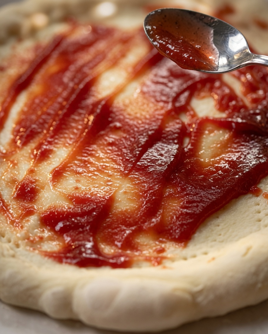 Une cuillère de sauce tomate étalée uniformément sur un disque de pâte à pizza.