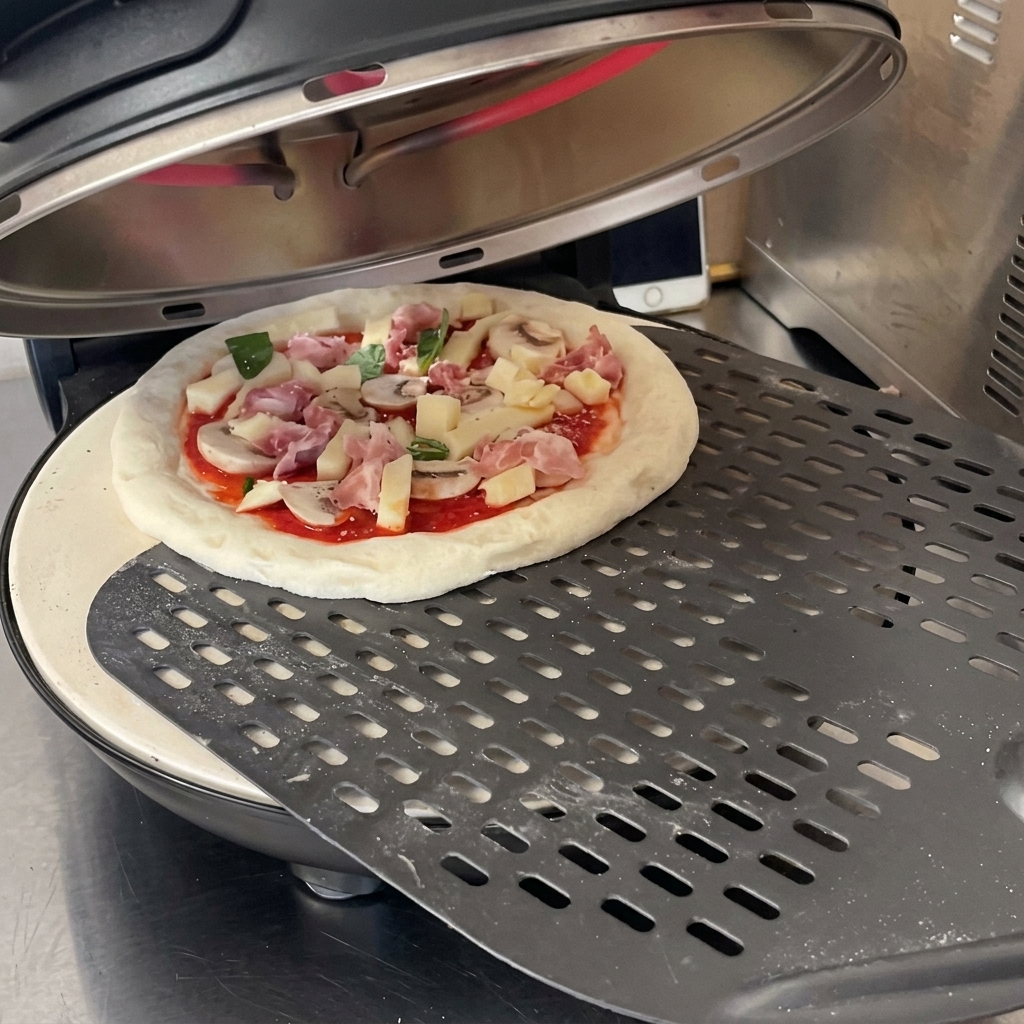 Sauce tomate étalée à la cuillère sur la pâte à pizza crue.