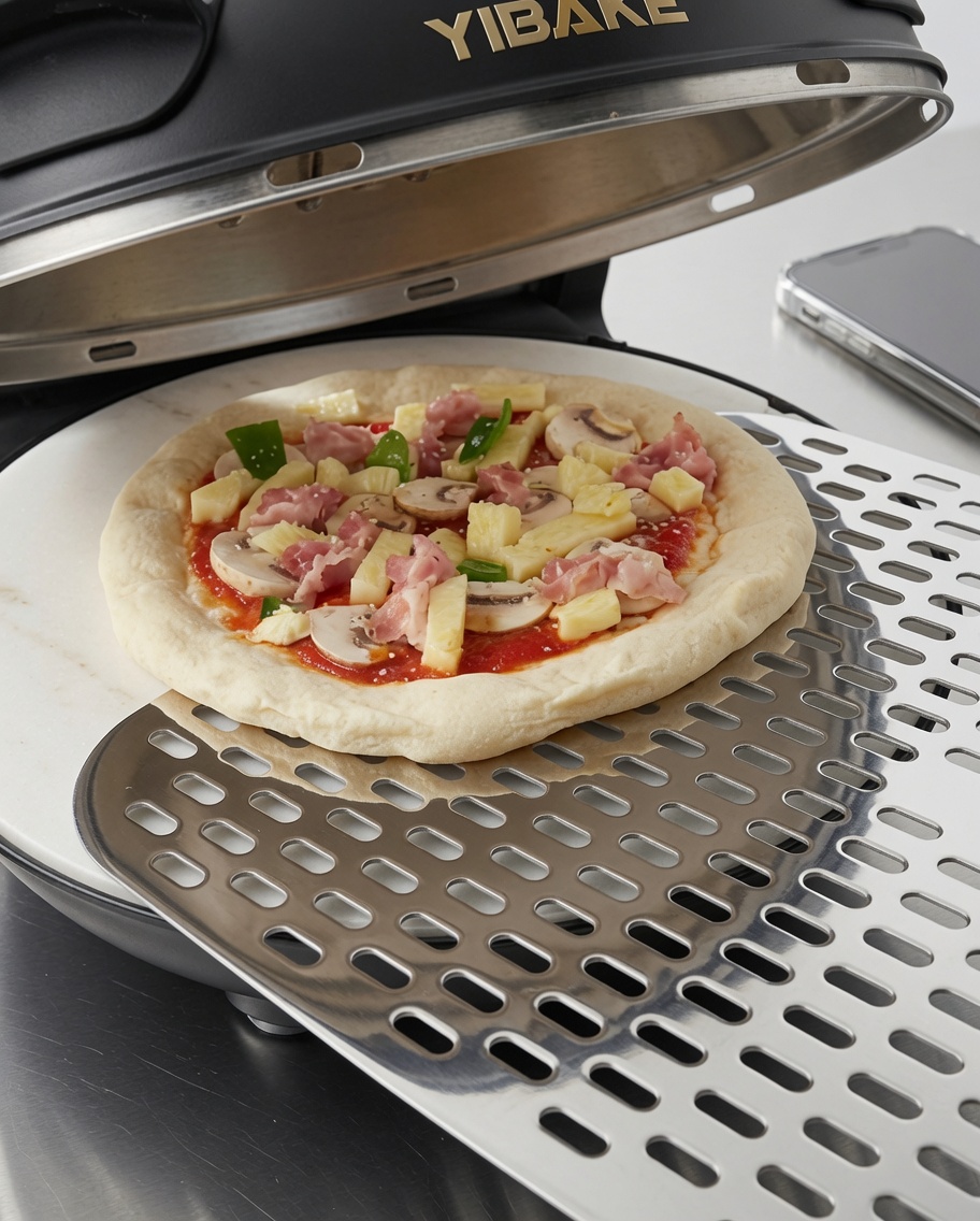 Pâte à pizza garnie de poivrons, doignons rouges, de champignons et de saucisse de porc.