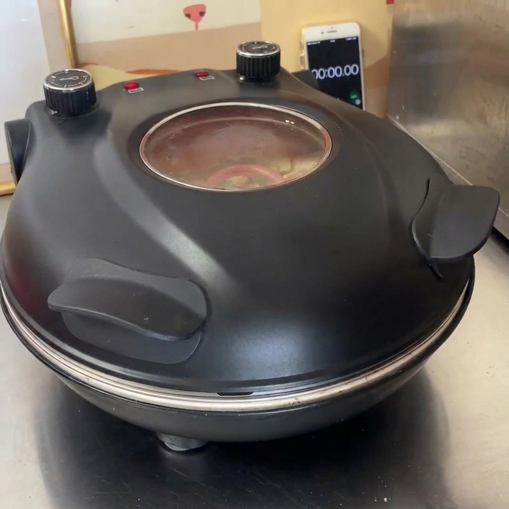 Couvercle du four à pizza Yibake fermé pendant la cuisson.