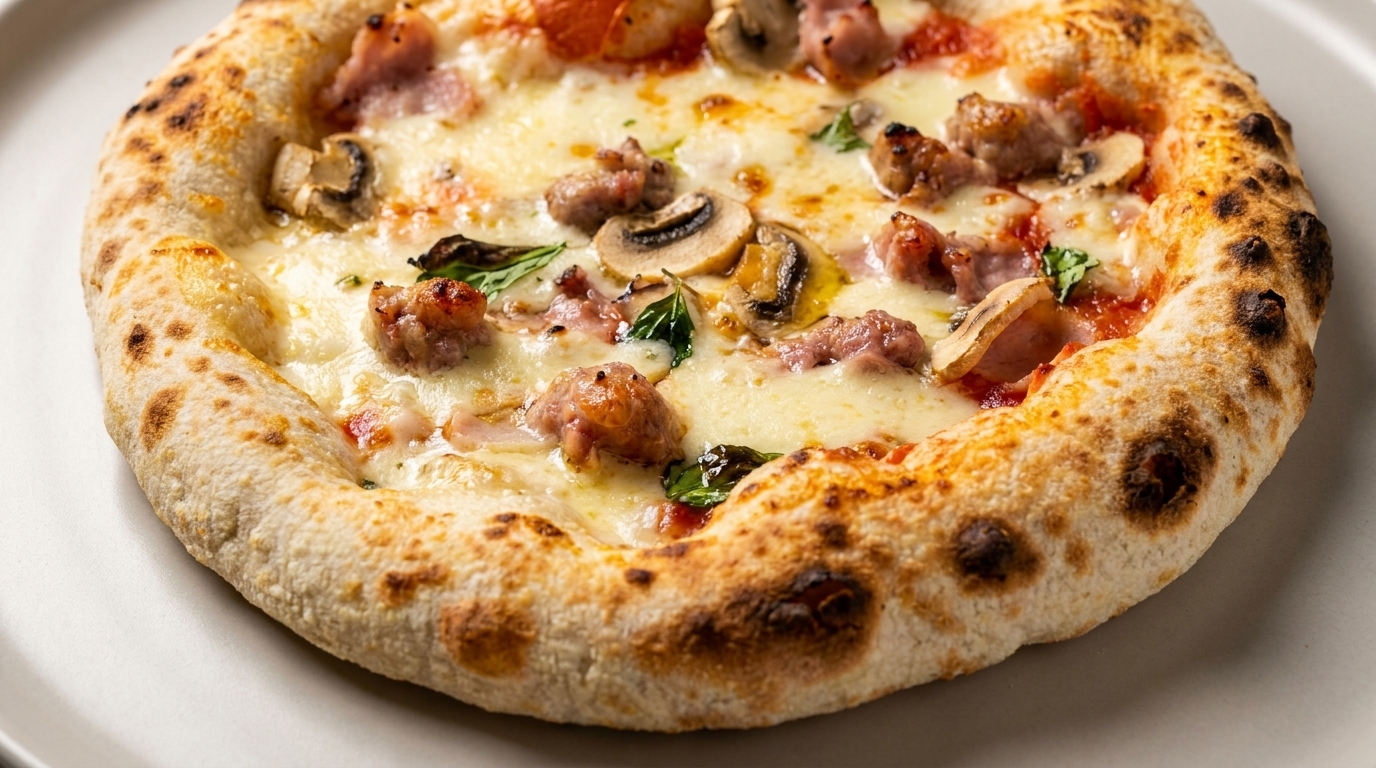 Pizza gourmande aux champignons, jambon et saucisse