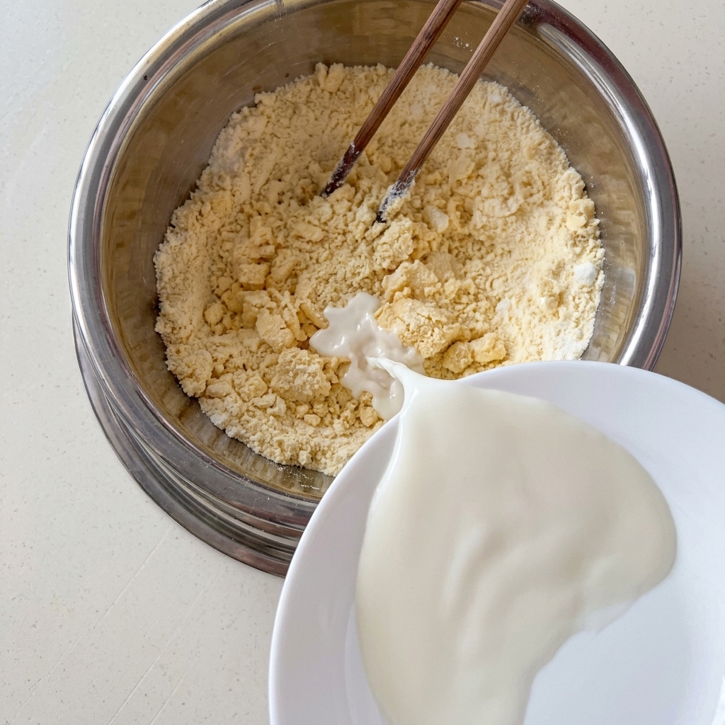 Lait versé dans le bol mélangeur pendant que les ingrédients sont mélangés avec des baguettes.