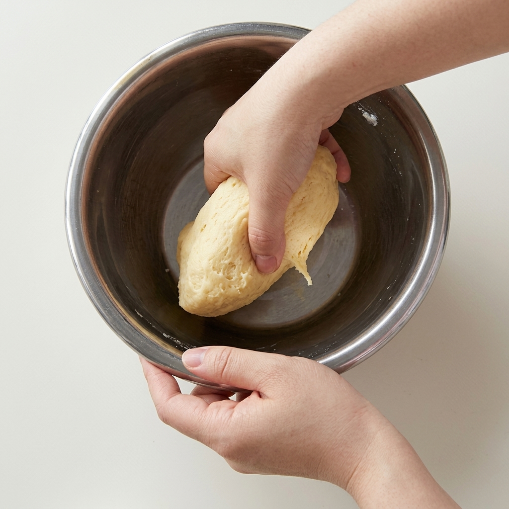 Mains pétrissant le mélange de pâte à lintérieur dun grand bol en acier inoxydable.