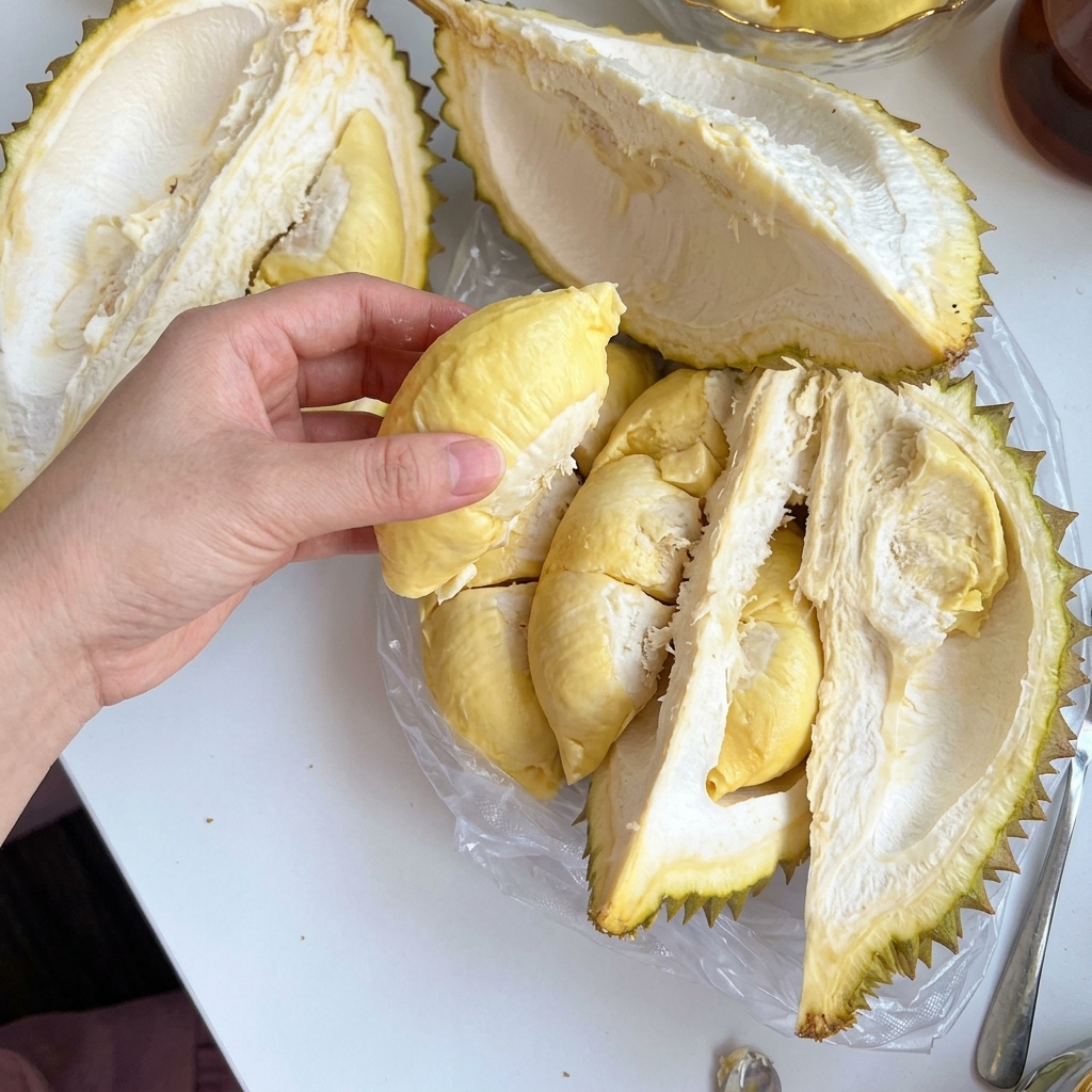 Morceaux de chair de durian jaune frais dans un bol en verre.