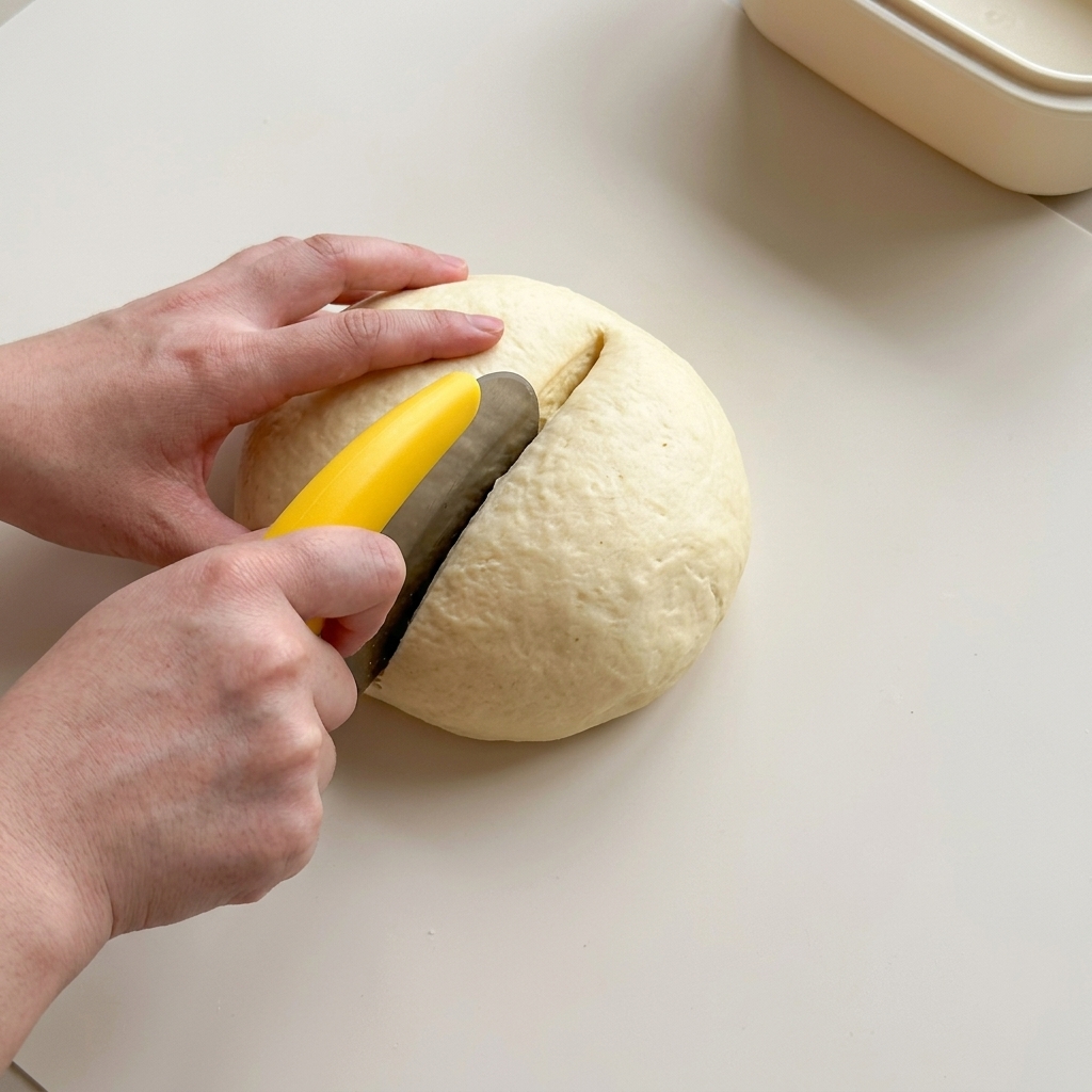 Boule de pâte fermentée coupée en deux portions égales avec une spatule en plastique.