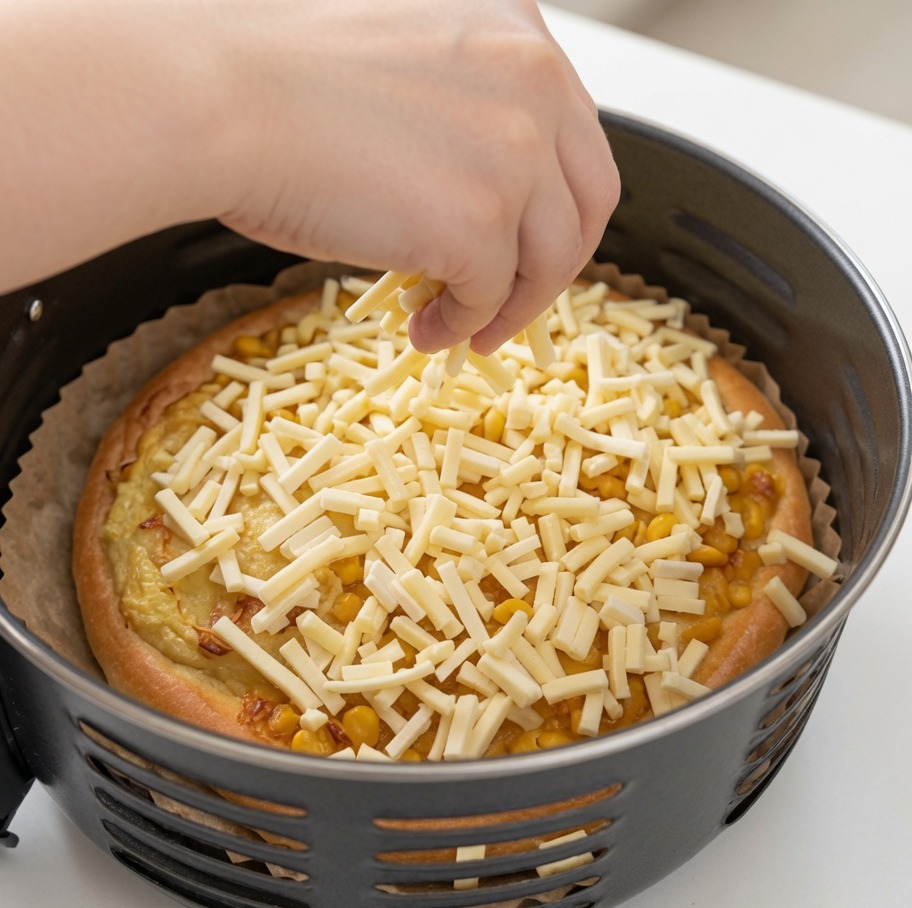 Une main saupoudrant une poignée de mozzarella râpée sur une pizza déjà placée dans le panier de la friteuse.