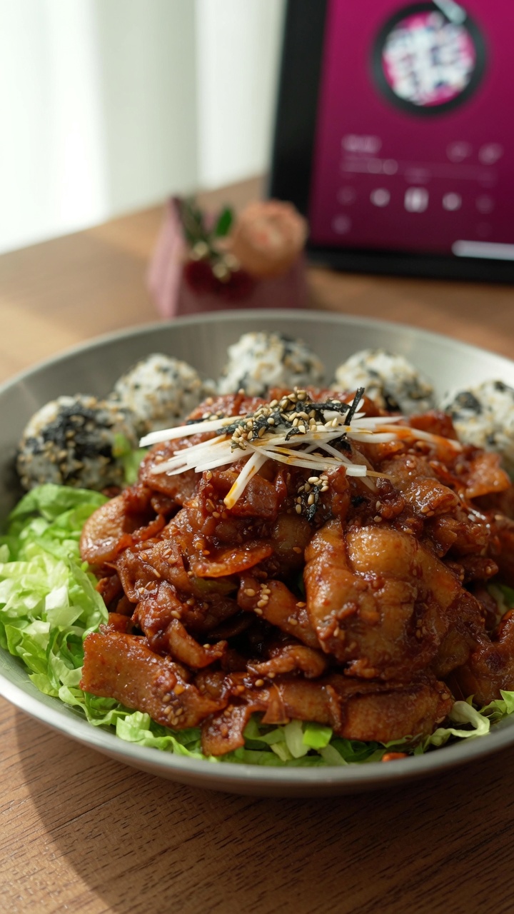 Poitrine de porc sautée épicée, servie sur un lit de laitue fraîche avec des boulettes de riz aux algues.