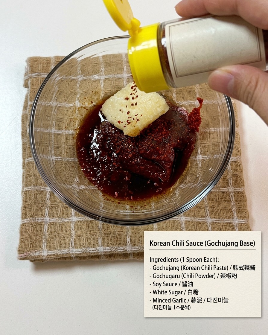 Ingrédients de la sauce gochujang mélangés dans un bol en verre.
