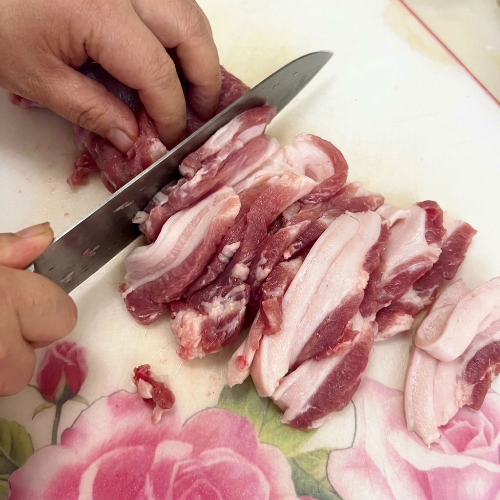 Tranches de poitrine de porc crue disposées sur une planche à découper.