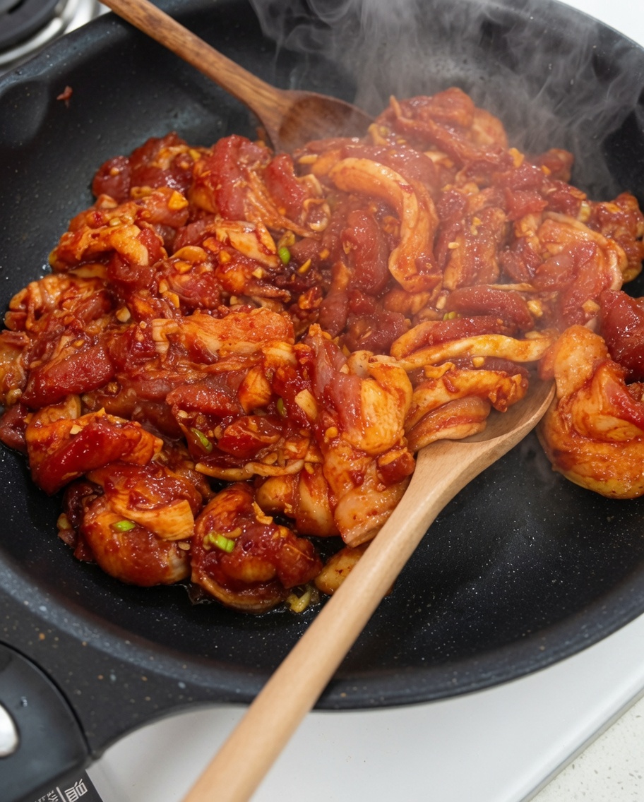 Porc mariné cuisant dans une poêle chaude, avec de la vapeur visible qui monte.