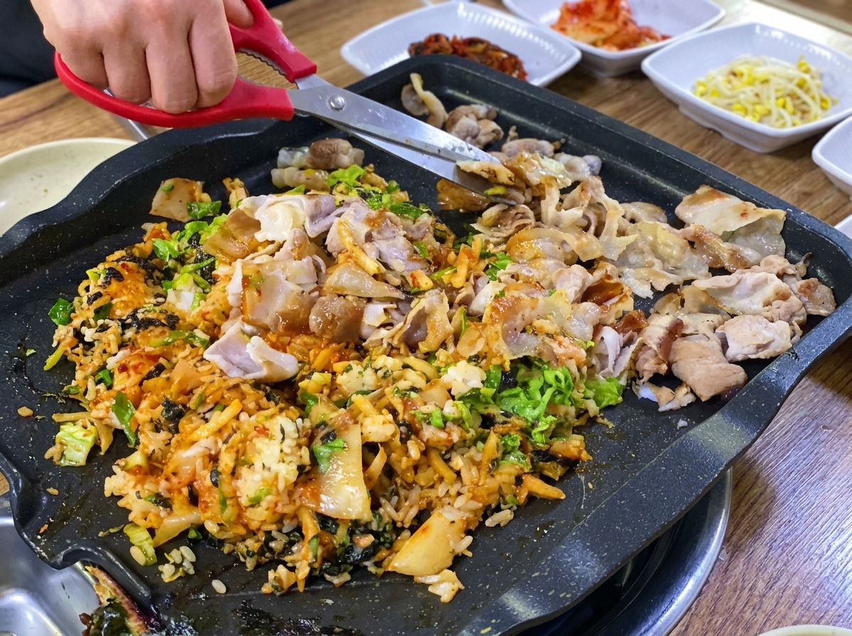 Poitrine de porc coupée en petits morceaux avec des ciseaux de cuisine directement sur le gril.