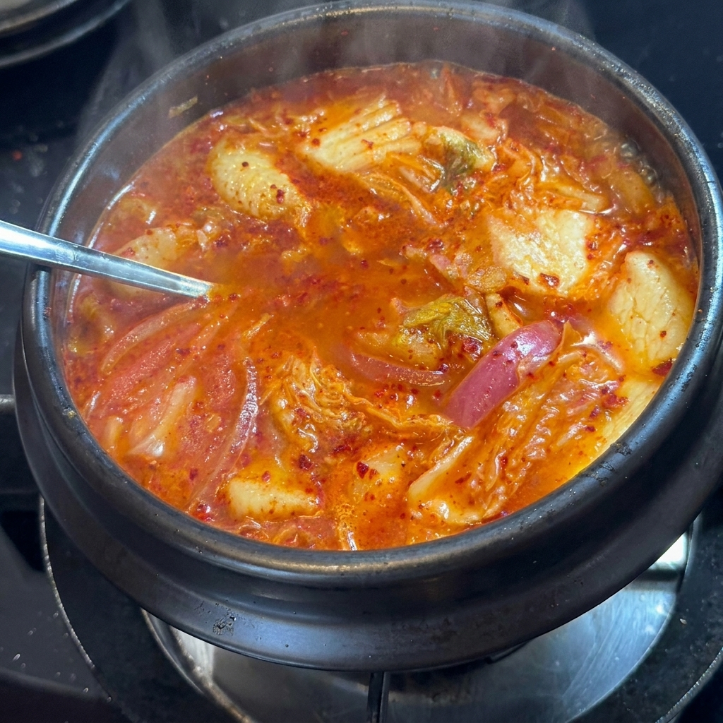 Une cuillère de sucre ajoutée au ragoût de kimchi frémissant.