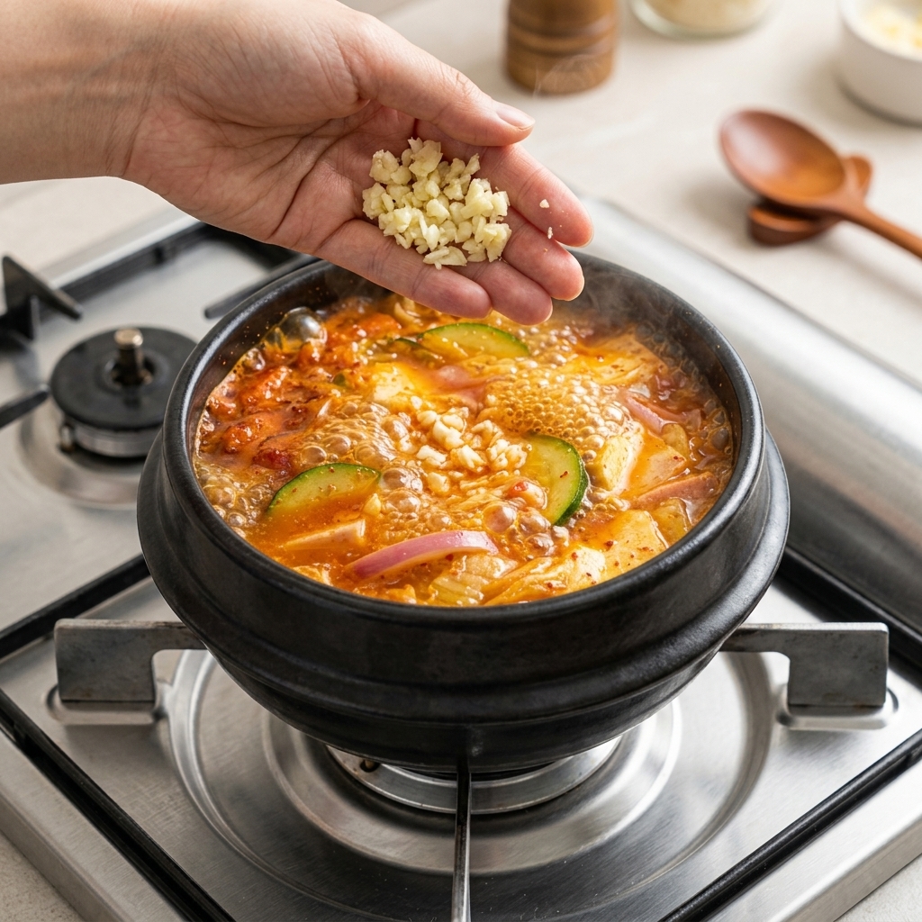 Ail fraîchement haché saupoudré dans le pot de ragoût bouillonnant.