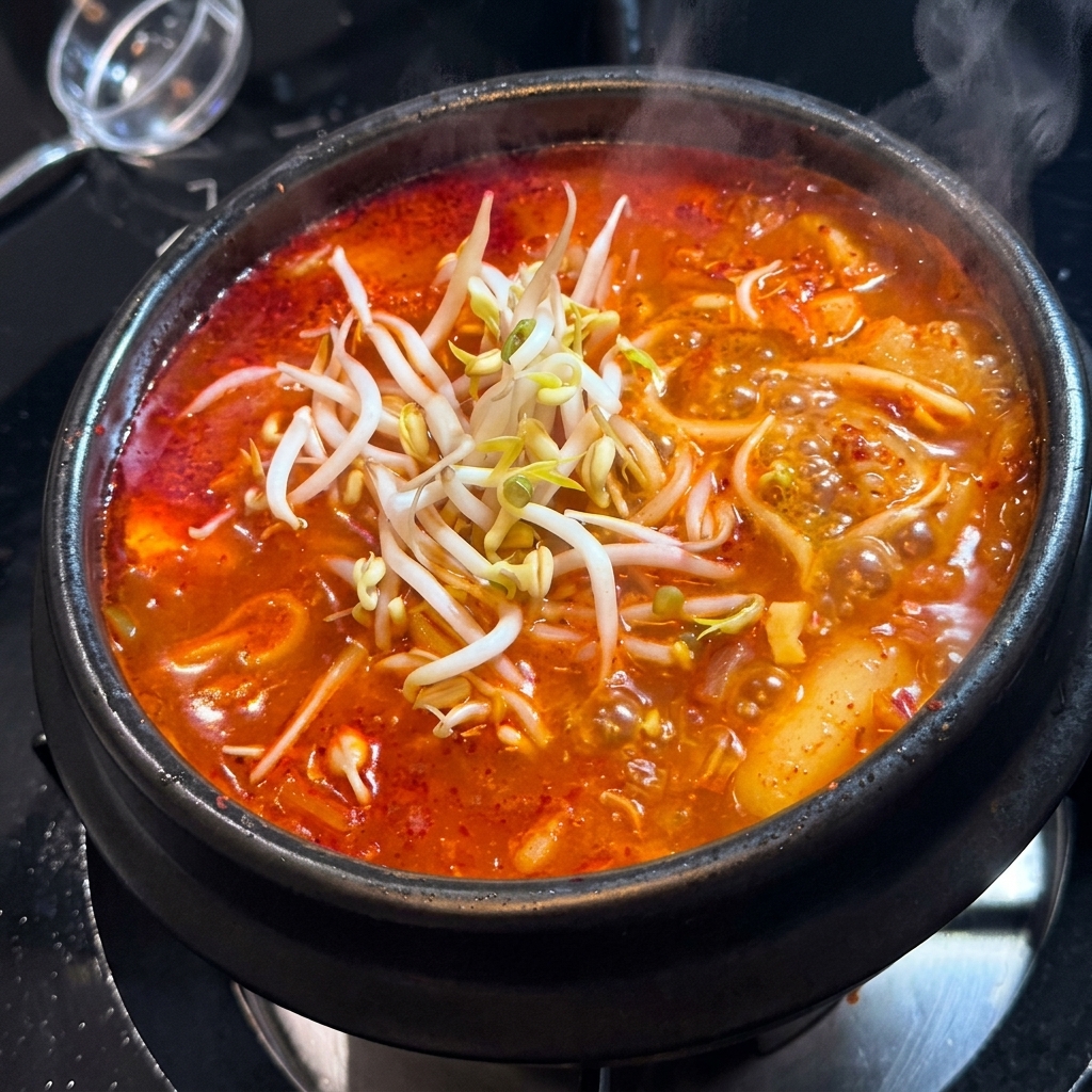 Pousses de soja fraîches ajoutées sur le dessus du ragoût de kimchi bouillonnant.