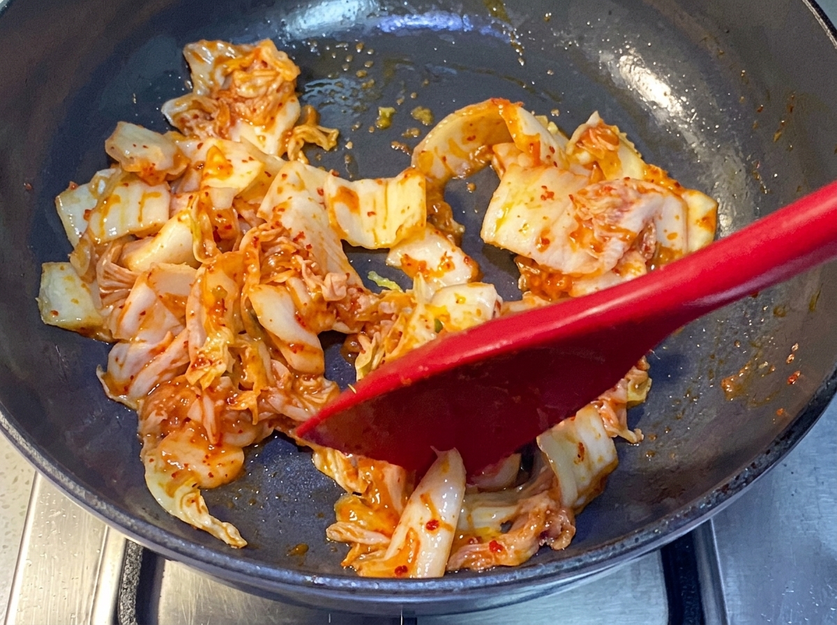 Du kimchi sauté dans une poêle avec une spatule en silicone rouge.